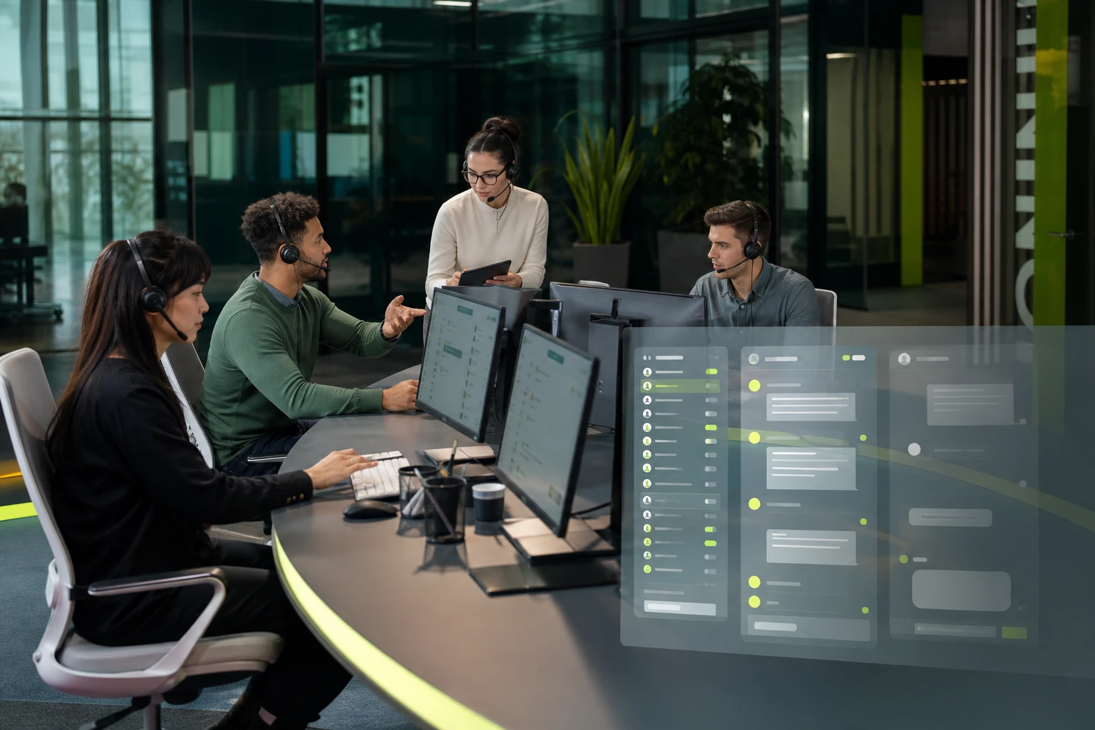 Equipe moderna de multiatendimento coordenando conversas em uma central compartilhada