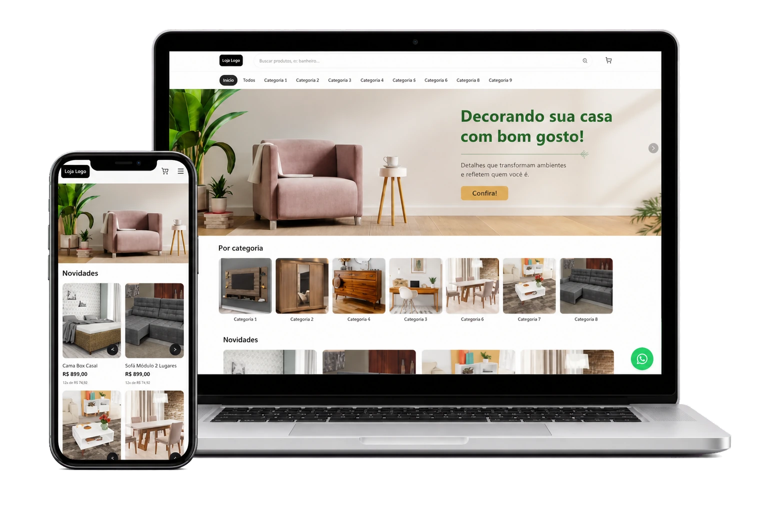 Catálogo digital Line Loja exibido em notebook e celular